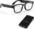 Black AI camera smart glasses with clear lenses, integrated camera, and connected smartphone interface.