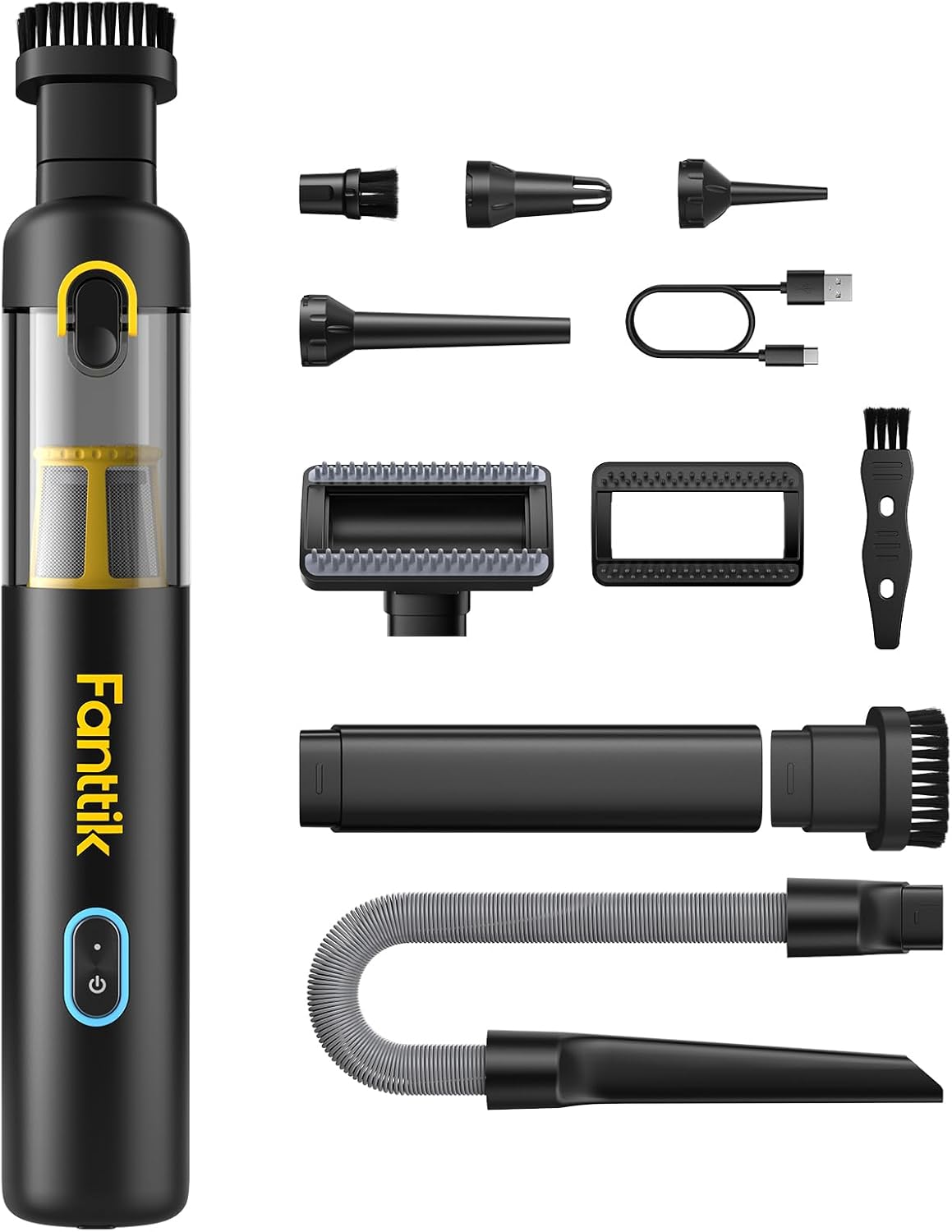 Cordless handheld car vacuum air duster with pet hair brushes, crevice tools, hose and USB-C charging accessories