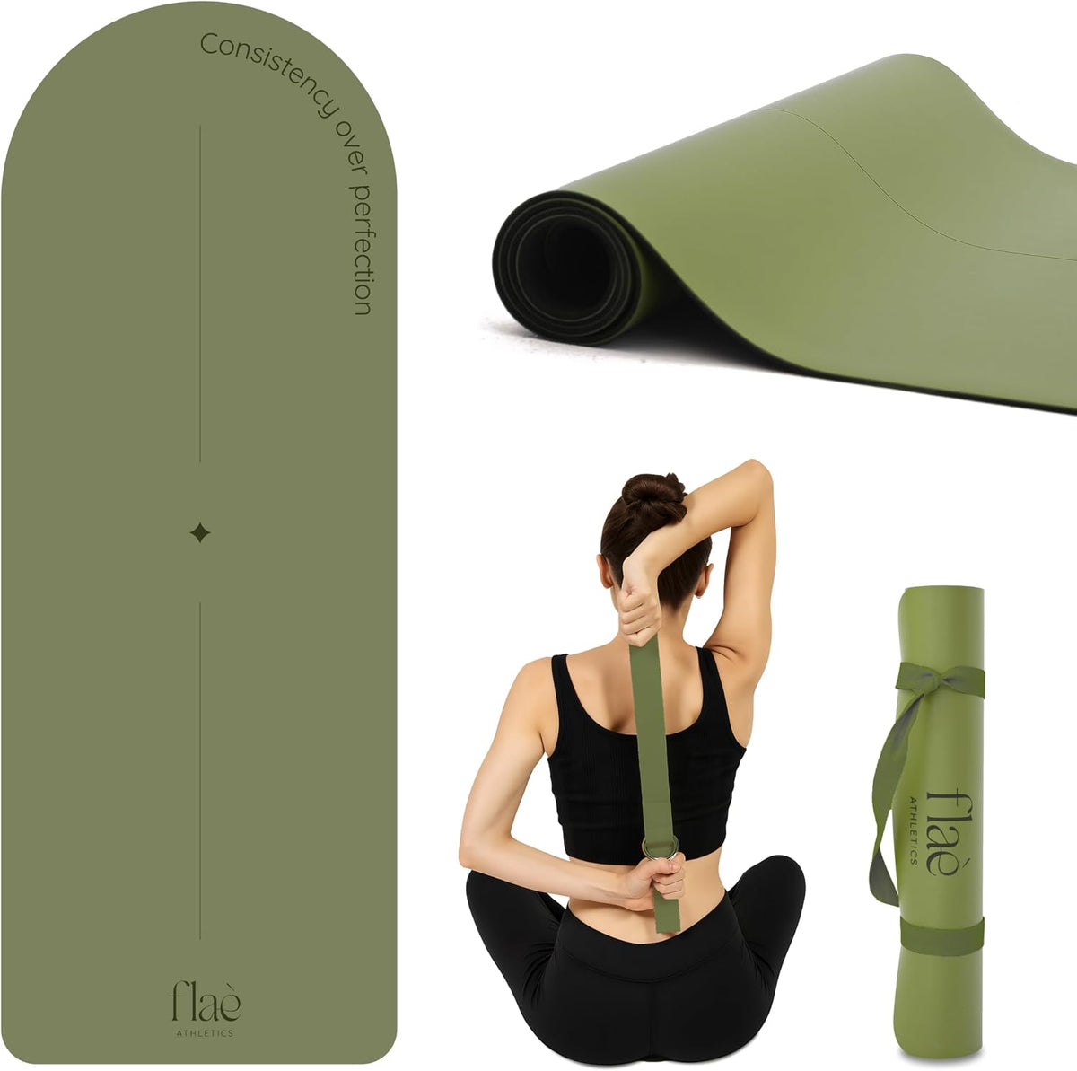 Olive green arch-shaped yoga mat with centre markings, shown rolled and flat beside a woman using the matching stretch strap.