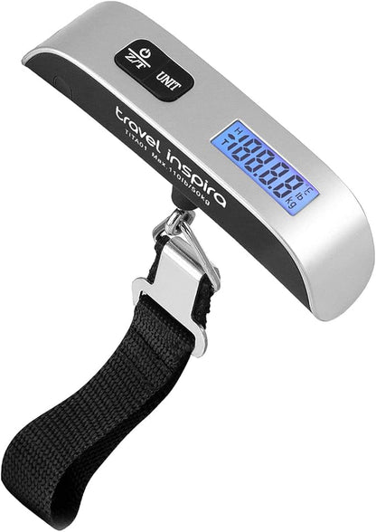 Portable digital luggage scale with backlit LCD display for weighing suitcases up to 110 pounds