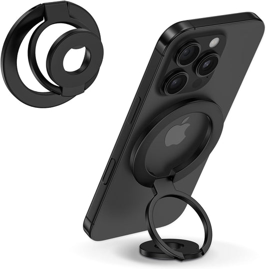 Black MagSafe-compatible magnetic phone ring grip with adjustable kickstand