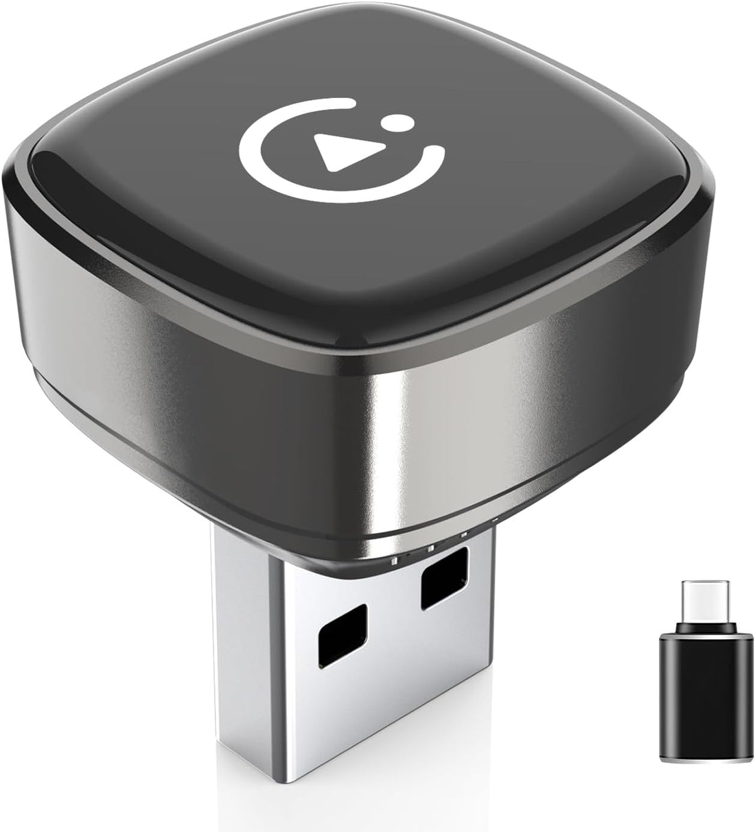 Compact stylish Grey CarPlay dongle close-up view