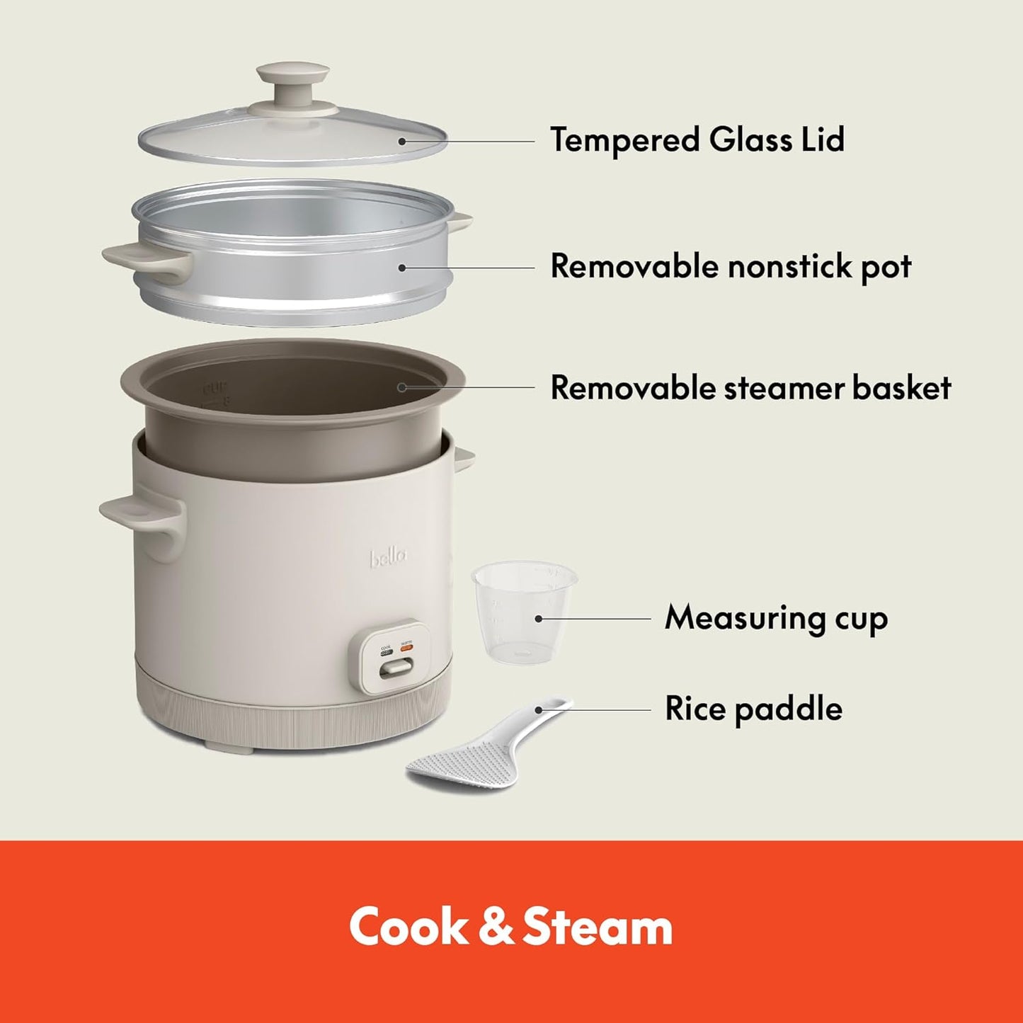 BELLA 16-Cup I Rice Cooker Steamer encalife