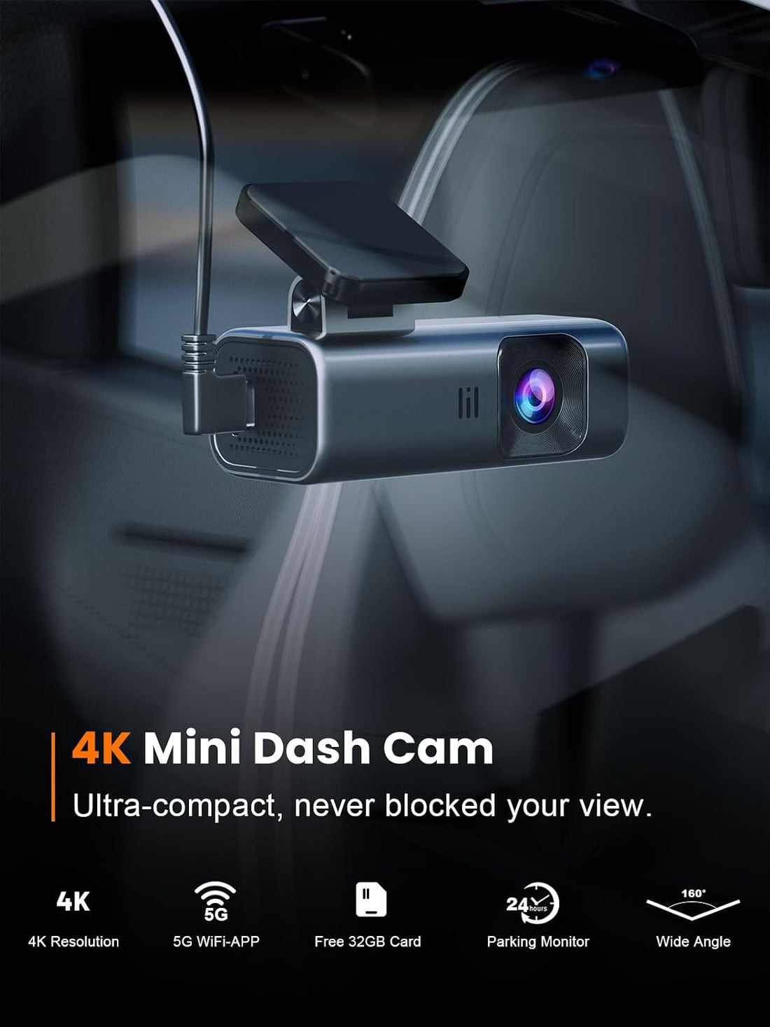 4K Dash Cam Front With 5GHz WiFi Recording encalife