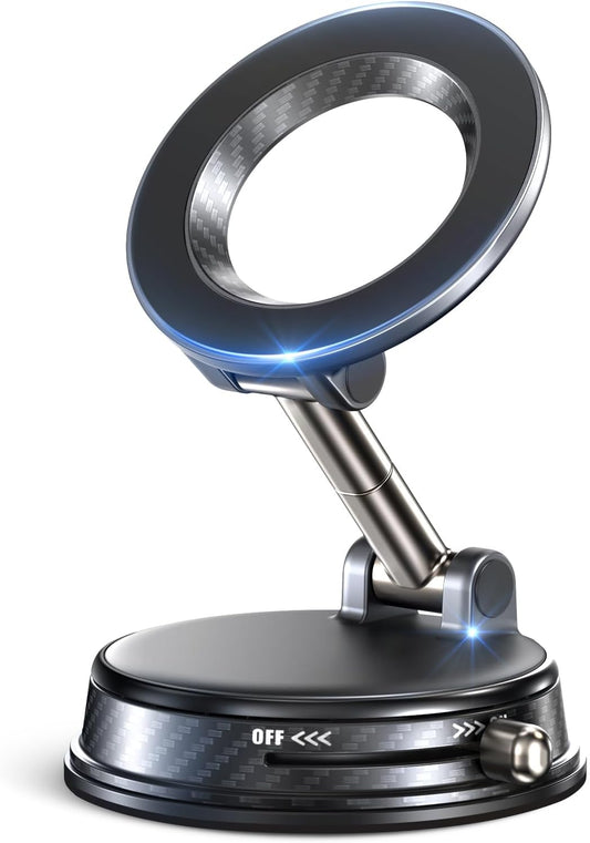 Black magnetic MagSafe car phone mount with suction base for dashboard driving