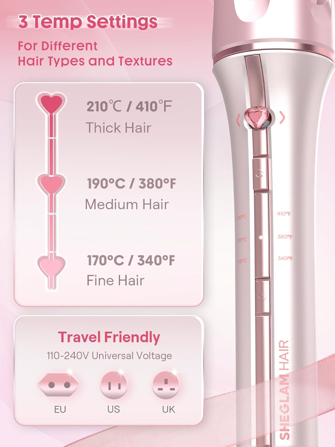 Pink Automatic Curling Iron | SHEGLAM Gift Hair Curler encalife