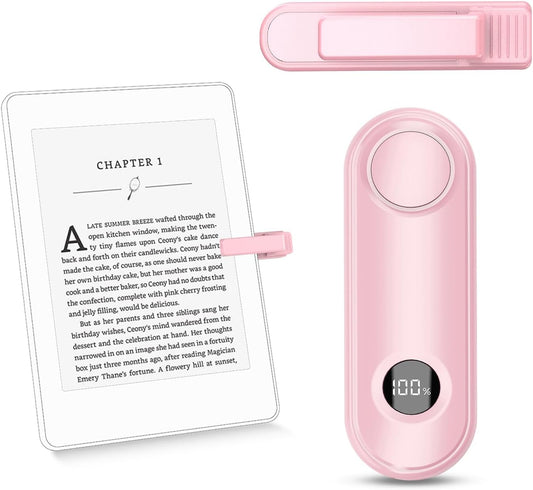 Alt Image Text:
Pink Page Turner remote clipped to an e reader for hands free page turning during comfortable reading.