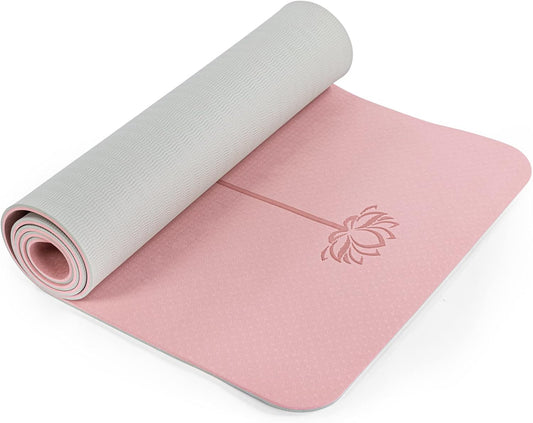 Eco-friendly non-slip yoga mat with 6mm cushioning, double-sided grip surface, anti-tear TPE material, and carry bag for yoga, Pilates, and home workouts.