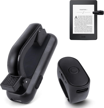 Page Turner remote clipped to an e reader while a relaxed user reads hands free under a blanket.