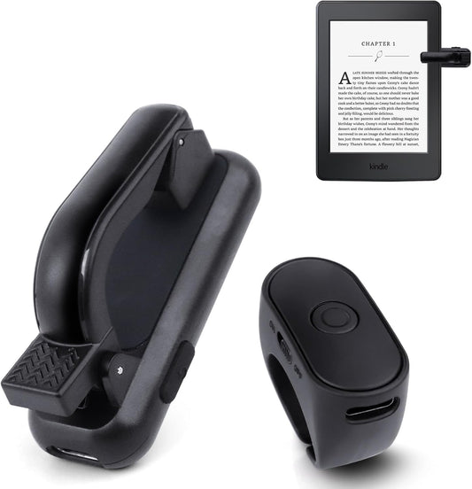 Page Turner remote clipped to an e reader while a relaxed user reads hands free under a blanket.