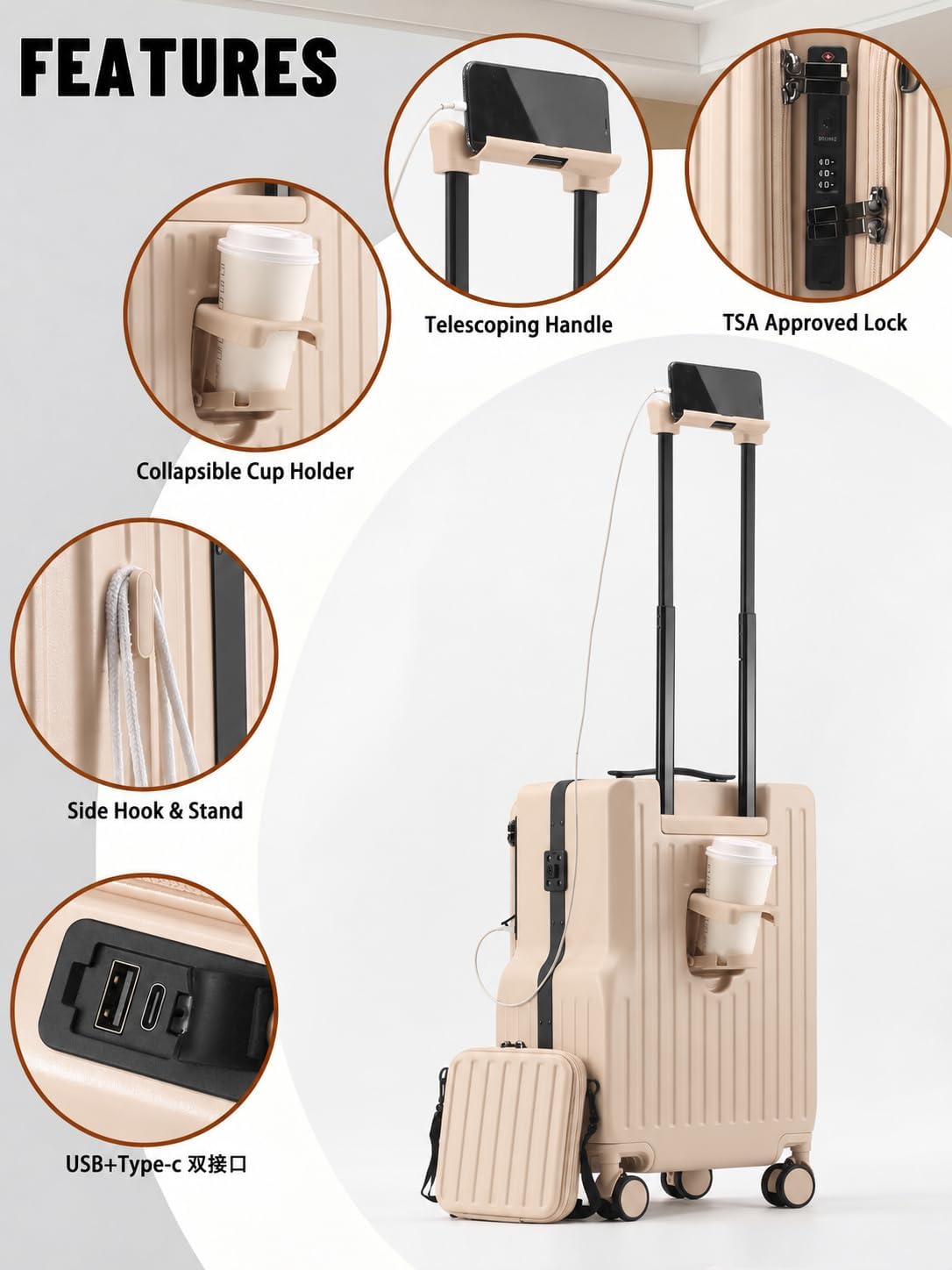 20-Inch Front-Opening Carry On luggage with Detachable Bag encalife