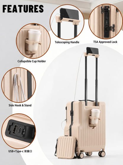 20-Inch Front-Opening Carry On luggage with Detachable Bag encalife
