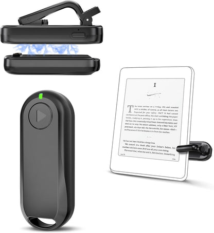 Page Turner remote clipped to an e reader while a reader turns pages hands free comfortably from bed.