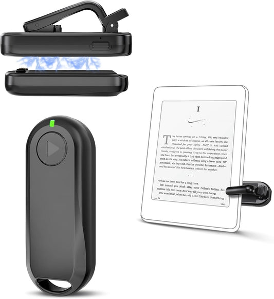 Page Turner remote clipped to an e reader while a reader turns pages hands free comfortably from bed.