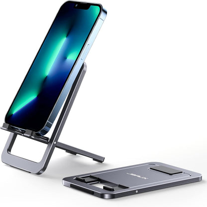 Gray fold-flat adjustable aluminum phone stand for desk and travel