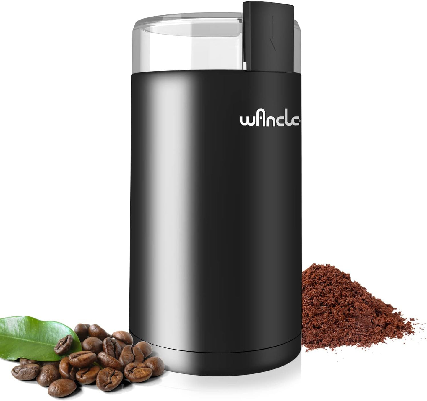 One touch coffee grinder with stainless steel blades for grinding coffee beans, spices, herbs, nuts, and seeds.