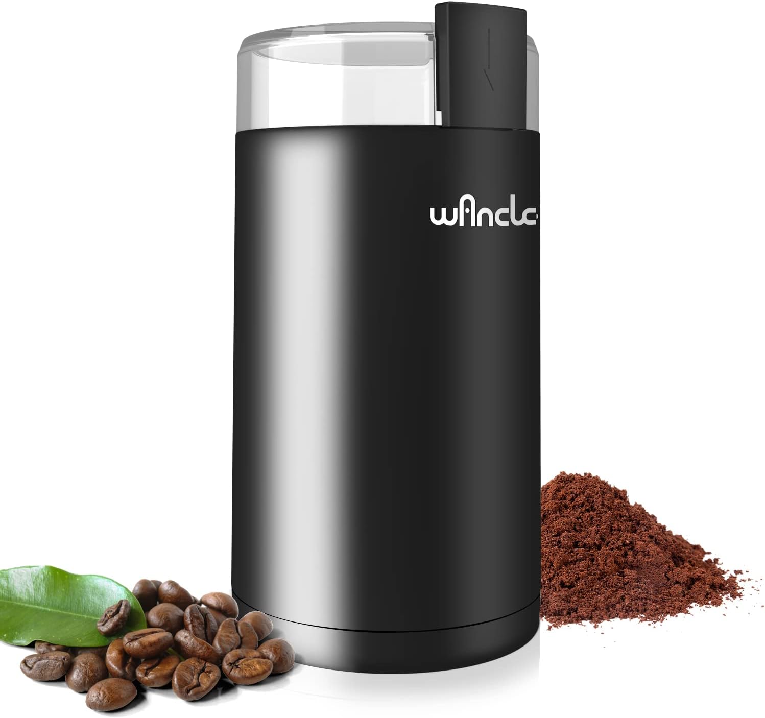 One touch coffee grinder with stainless steel blades for grinding coffee beans, spices, herbs, nuts, and seeds.