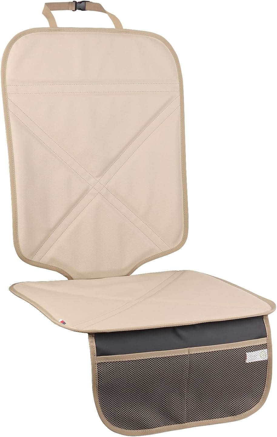 Protected back seat with child car seat and organizer pockets