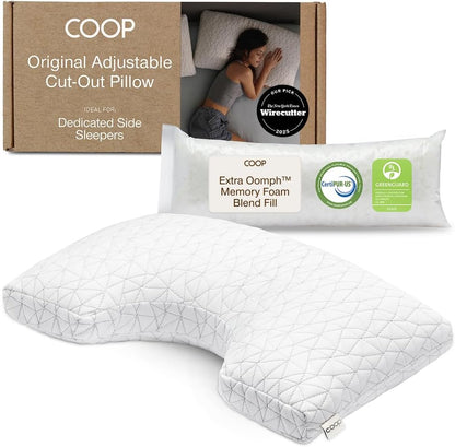 Side sleeper shoulder cut out pillow with adjustable memory foam support