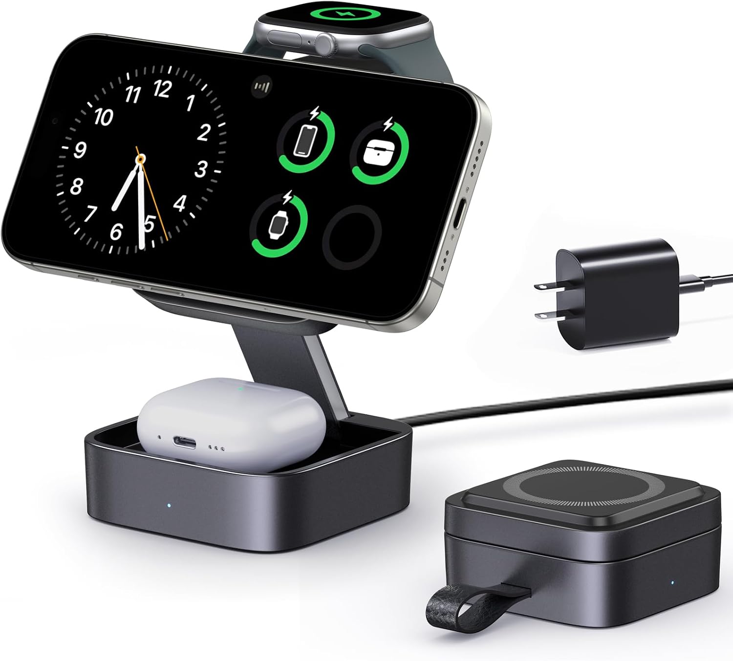 Charging station powering iPhone Apple Watch and AirPods together