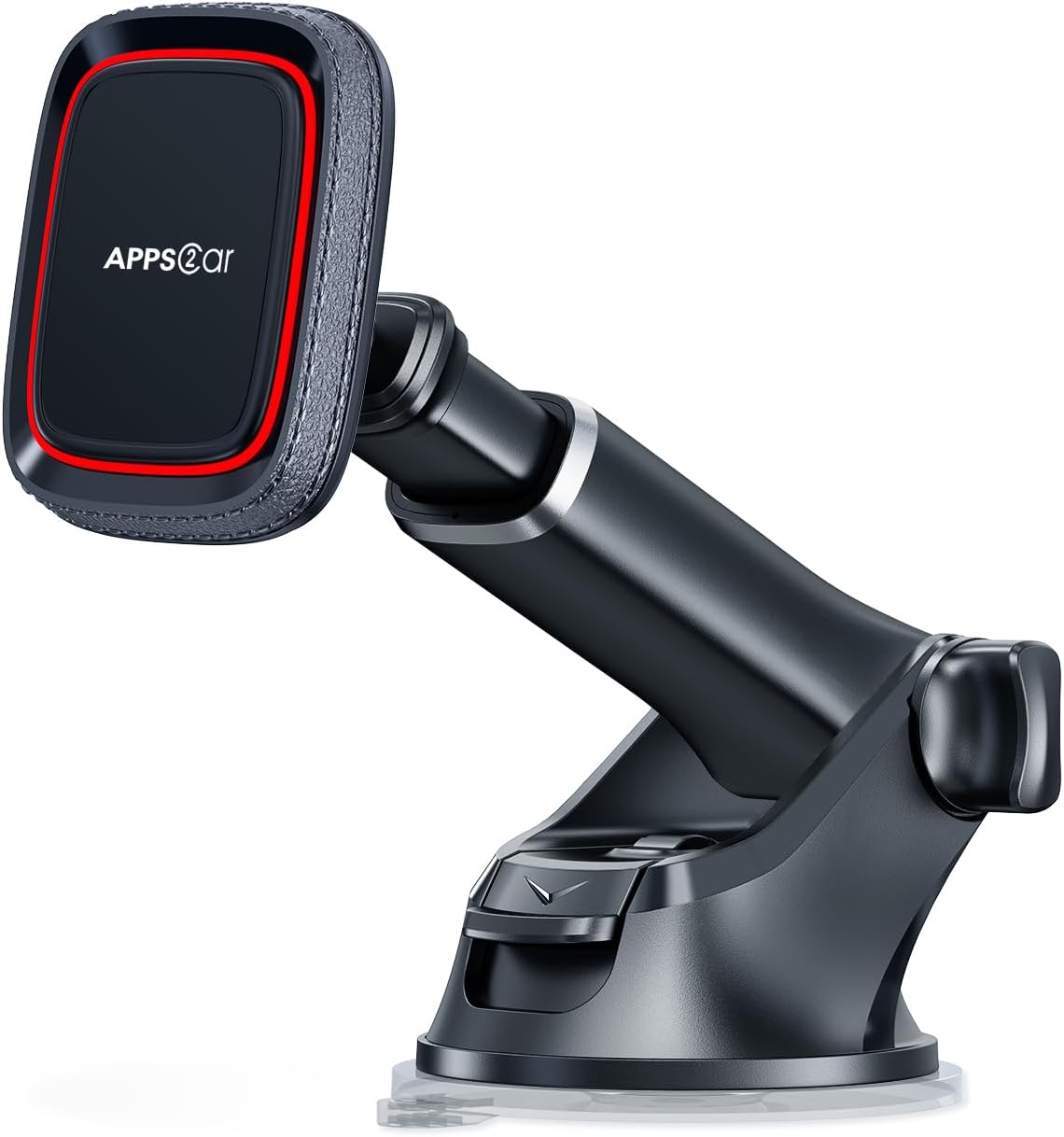 Black magnetic car phone mount with telescopic suction arm on dashboard