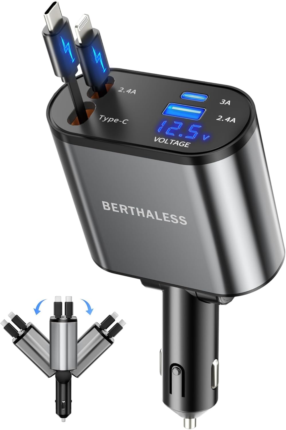 Extendable retractable cables on car charger close-up
