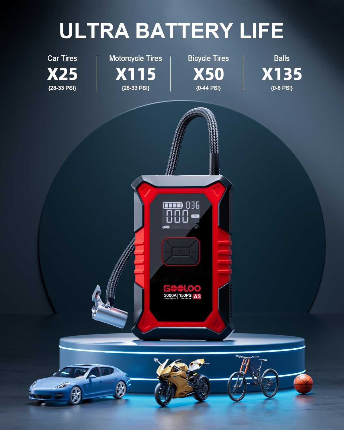 GOOLOO A3 Jump Starter Tire Inflator Kit encalife