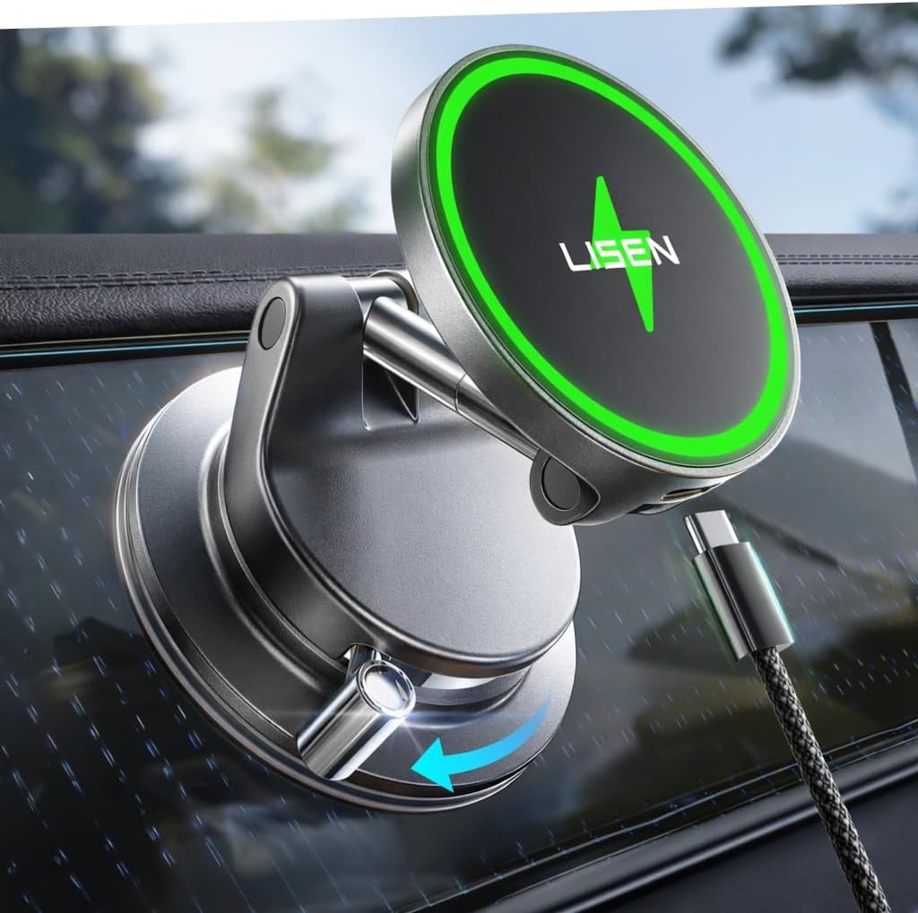 Black Magnetic MagSafe car mount charger on dashboard for hands-free charging