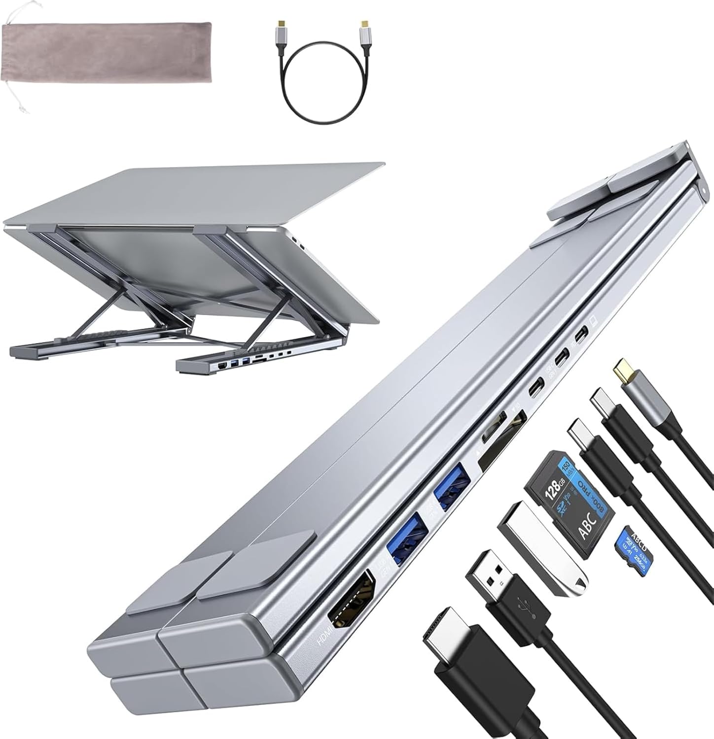 Gray 8-in-1 USB-C laptop stand docking station