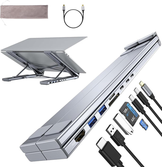 Gray 8-in-1 USB-C laptop stand docking station