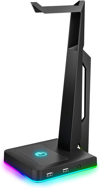 Black RGB Lighting gaming headset stand with two USB 2.0 ports, weighted base, and colorful illuminated edges