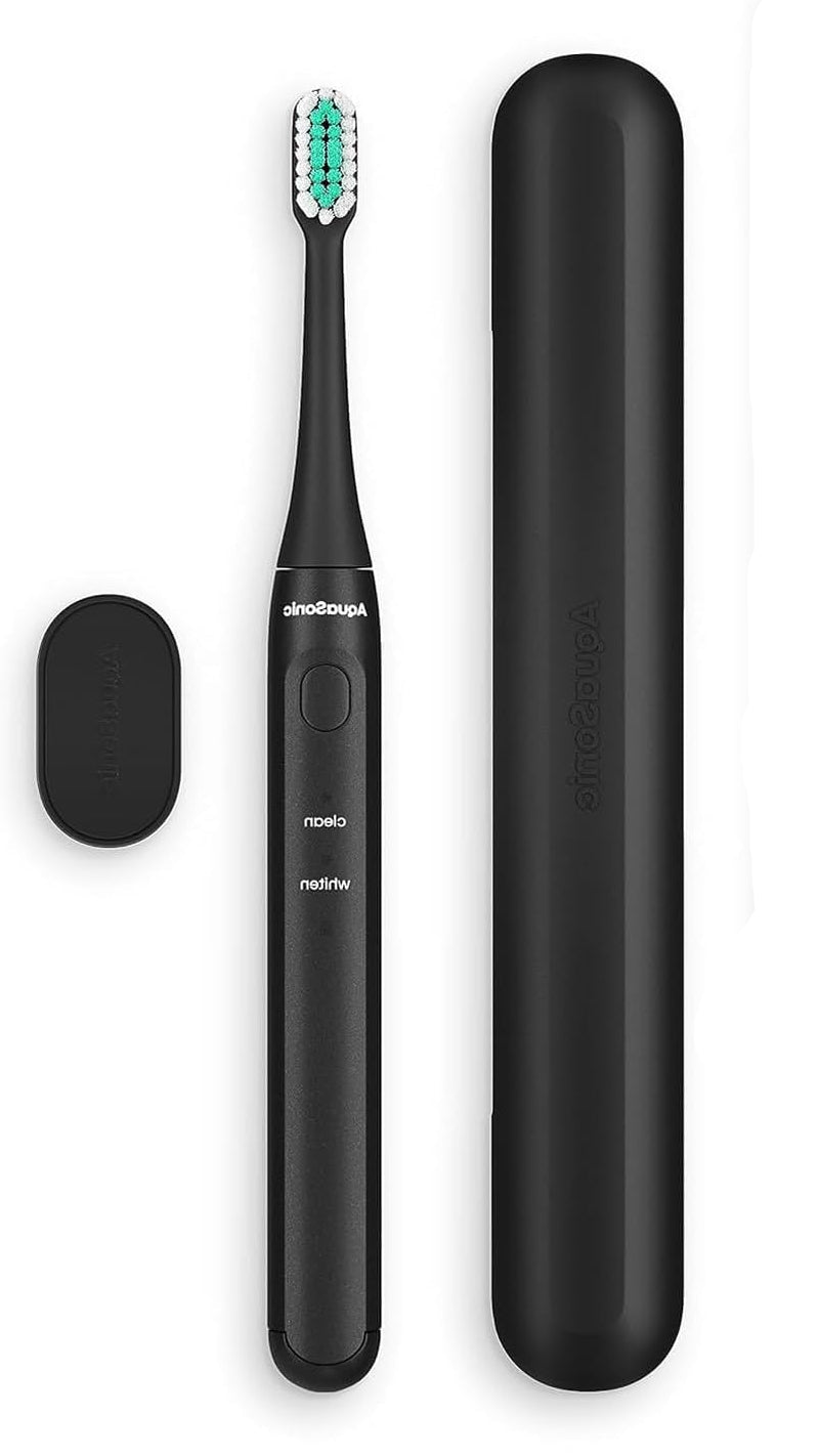 black rechargeable electric toothbrush with soft bristles, magnetic holder, slim travel case and original retail packaging