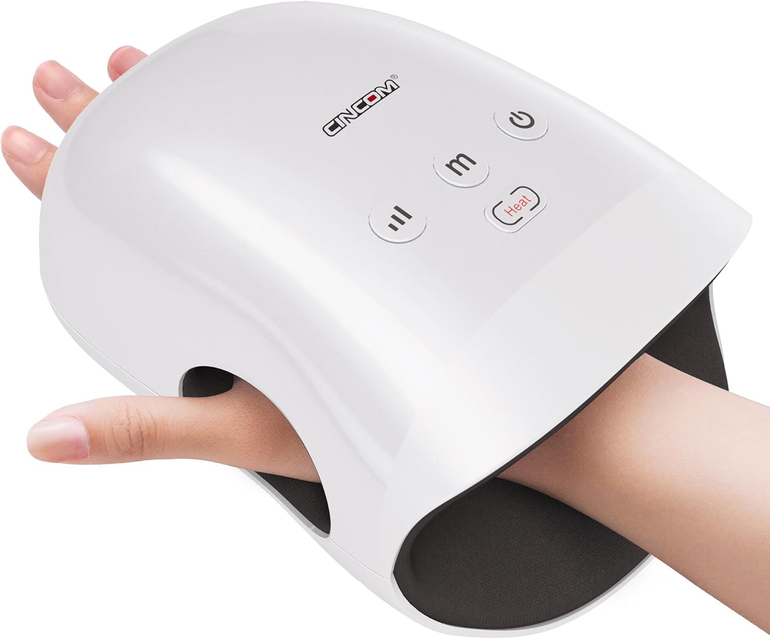 Cordless heated hand massager with air compression for relaxing palms, fingers, and hands at home.