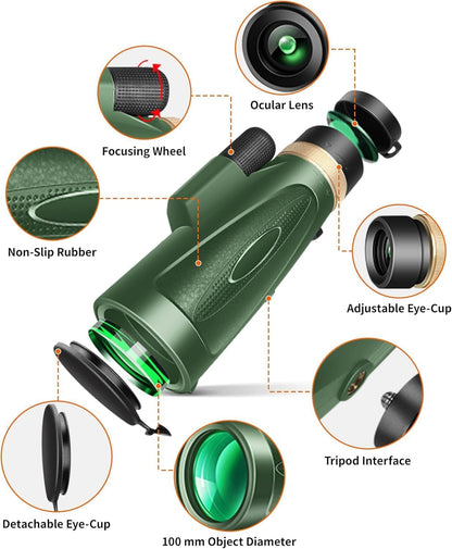 80x100 High Power Monocular I Tripod I Phone Adapter encalife