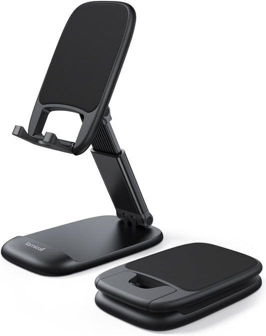 Adjustable foldable mobile stand with silicone pads and weighted metal base