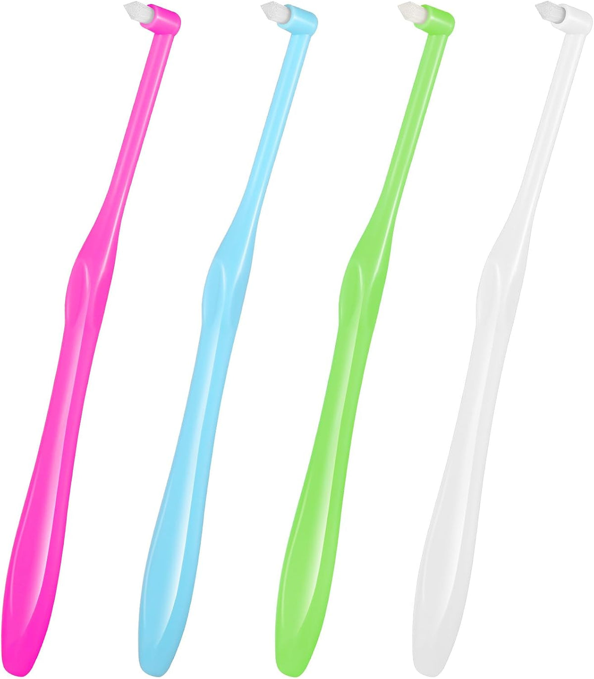 Set of four soft-bristle end-tuft detail toothbrushes in pink, blue, green, and white with small angled brush heads.