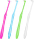 Set of four soft-bristle end-tuft detail toothbrushes in pink, blue, green, and white with small angled brush heads.