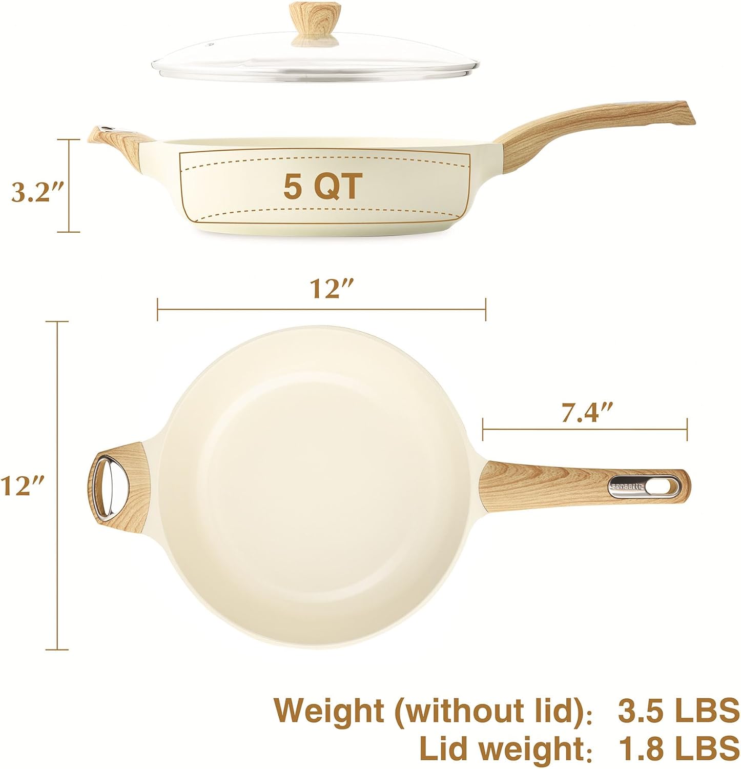 Nonstick Frying Pan with Lid I 12 Inch Ceramic encalife