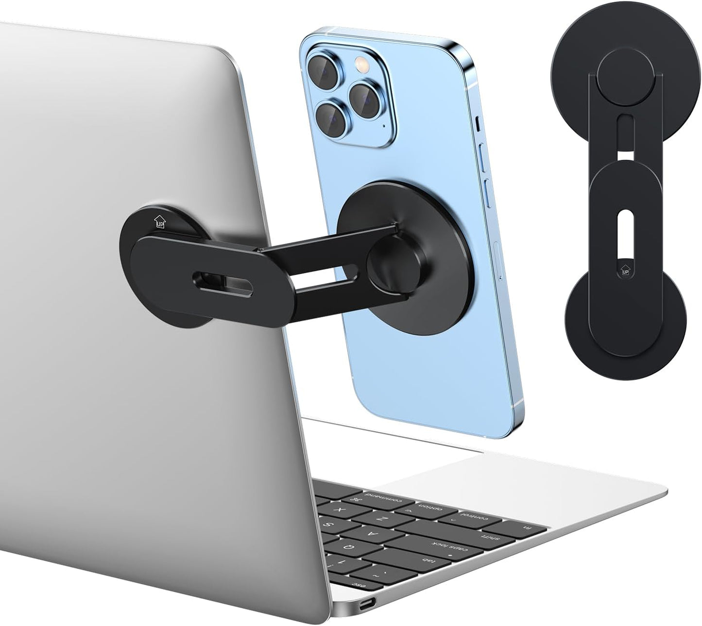 Magnetic laptop phone mount with adjustable MagSafe compatible holder