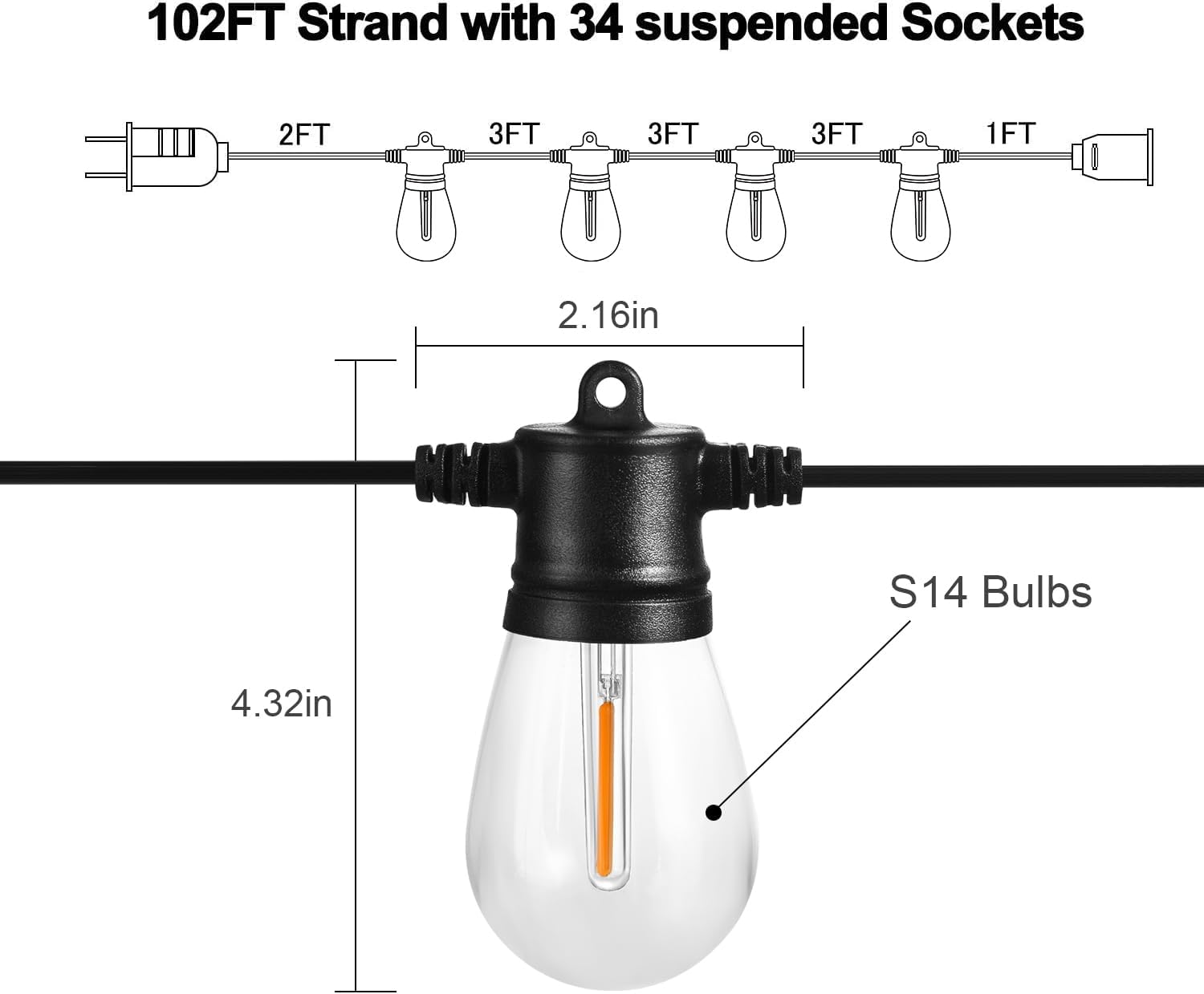 102FT Outdoor String Lights I Waterproof LED Patio & Garden Lights encalife