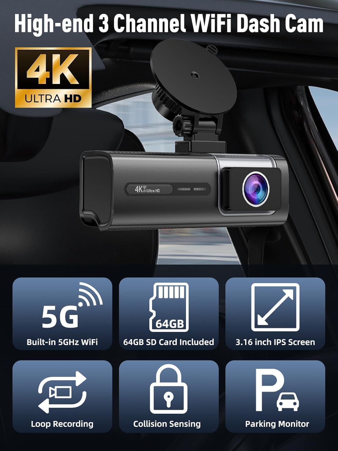 3 Channel 4K Dash Cam I Front Rear Inside WiFi encalife