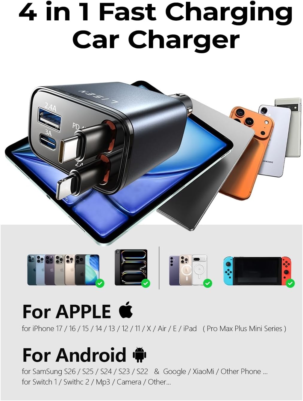 84W Retractable Car Charger 4 in 1 encalife