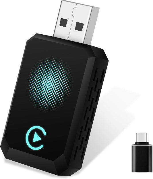 Compact Blue CarPlay wireless dongle close-up view