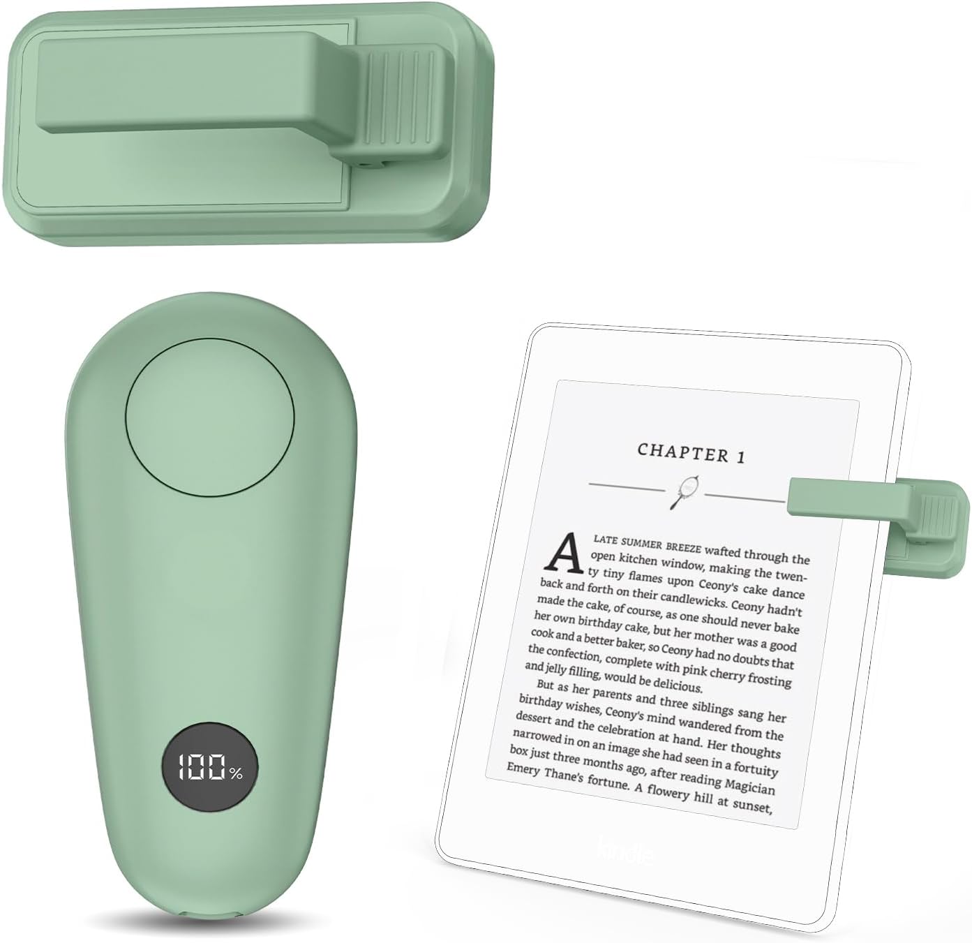 Green Page Turner clipped to an e reader while a relaxed reader turns pages silently from bed at night.