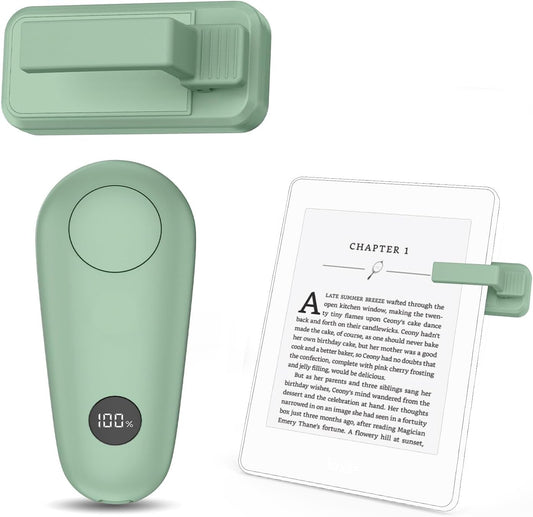 Green Page Turner clipped to an e reader while a relaxed reader turns pages silently from bed at night.