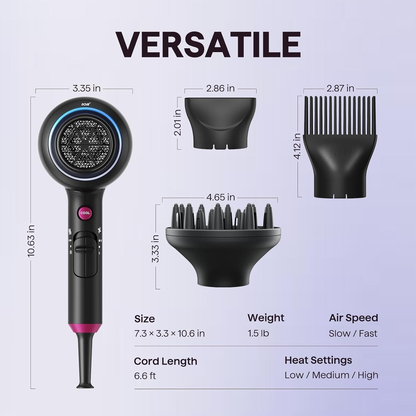 Ionic Hair Dryer for Curly Hair | 1875W Blow Dryer with Diffuser & Comb Attachments encalife