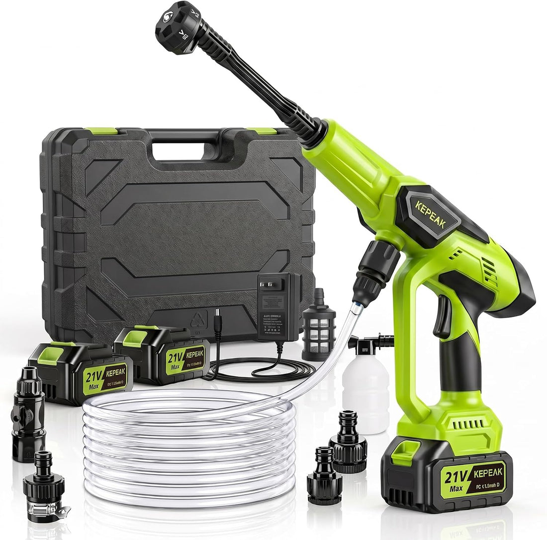 Green and black cordless pressure washer with rechargeable batteries, adjustable 6-in-1 spray nozzle, flexible water hose, charger, and storage case.
