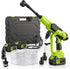 Green and black cordless pressure washer with rechargeable batteries, adjustable 6-in-1 spray nozzle, flexible water hose, charger, and storage case.