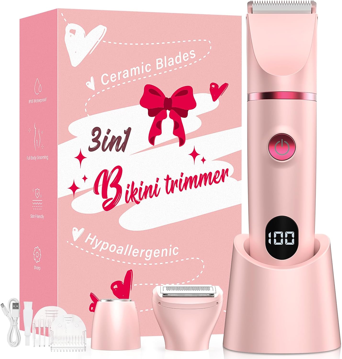 3-in-1 waterproof electric razor women use for bikini trimming, face, underarms, legs, and body hair removal with ceramic blades and LED display.