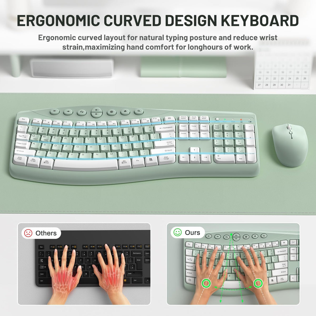 Wireless Keyboard Mouse Combo Ergonomic Gaming encalife